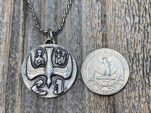 Large Sterling Silver 5 Way Medal Pendant Necklace, Antique Replica, Big 4 Way Medallion, from France by Artists JB and PCH, Descending Dove