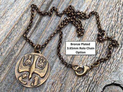 Large Bronze 5 Way Medal Pendant Necklace, Antique Replica, Rare Big 4 Way Medallion, from France by Artists JB and PCH, Descending Dove