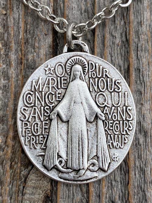 Silver Plated Large French Miraculous Medal, Antique Replica, Pendant Necklace, By artists PCH & JB, Miraculous Medallion from France MM1