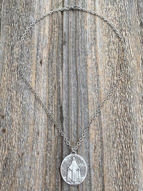 Silver Plated Large French Miraculous Medal, Antique Replica, Pendant Necklace, By artists PCH & JB, Miraculous Medallion from France MM1