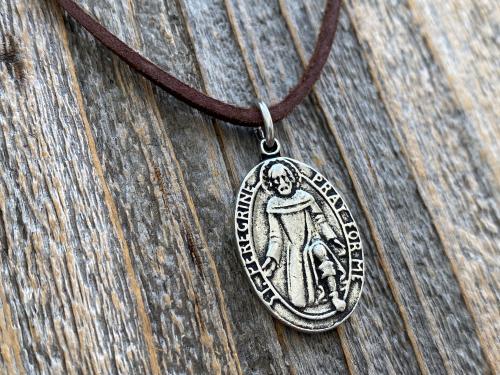 Antiqued Pewter St Peregrine Laziosi Medal Pendant Necklace, Antique Replica, Saint of Cancer, Saint Peregrinus Pellegrino, Pray for Me