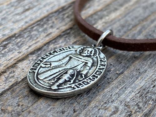 Antiqued Pewter St Peregrine Laziosi Medal Pendant Necklace, Antique Replica, Saint of Cancer, Saint Peregrinus Pellegrino, Pray for Me