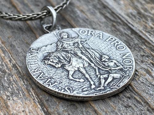 Sterling Silver Latin St Martin of Tours Medal Pendant Necklace, Antique Replica, Sanctus Martinus Turonensis Bishop of Tours, by Penin Lyon