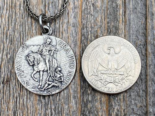 Sterling Silver Latin St Martin of Tours Medal Pendant Necklace, Antique Replica, Sanctus Martinus Turonensis Bishop of Tours, by Penin Lyon