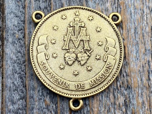 Antiqued Gold Large Miraculous Medal Rosary Center and/or Crucifix, French Antique Replicas, Rare Oversized Rosary Parts, 1.25 inch Center