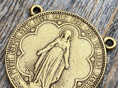 Antiqued Gold Large Miraculous Medal Rosary Center and/or Crucifix, French Antique Replicas, Rare Oversized Rosary Parts, 1.25 inch Center