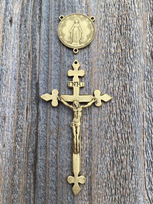 Antiqued Gold Large Miraculous Medal Rosary Center and/or Crucifix, French Antique Replicas, Rare Oversized Rosary Parts, 1.25 inch Center