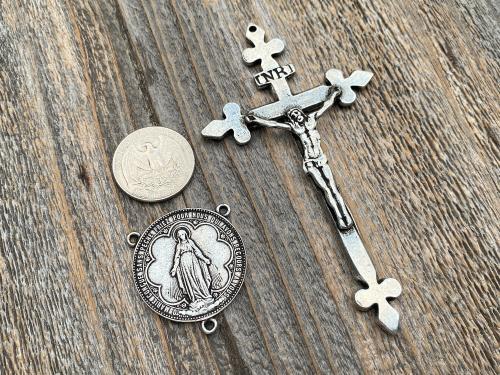 Antiqued Pewter Large Miraculous Medal Rosary Center and/or Crucifix, French Antique Replicas, Rare Oversized Rosary Parts, 1.25 inch Center