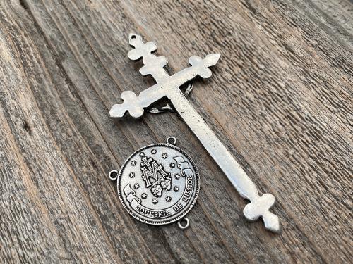 Antiqued Pewter Large Miraculous Medal Rosary Center and/or Crucifix, French Antique Replicas, Rare Oversized Rosary Parts, 1.25 inch Center