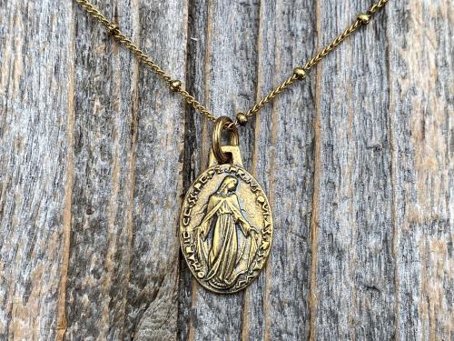 Antiqued Gold Miraculous Medal Pendant on Satellite Chain Necklace, French Antique Replica Medallion, Signed by French Artist Ferdinand PY