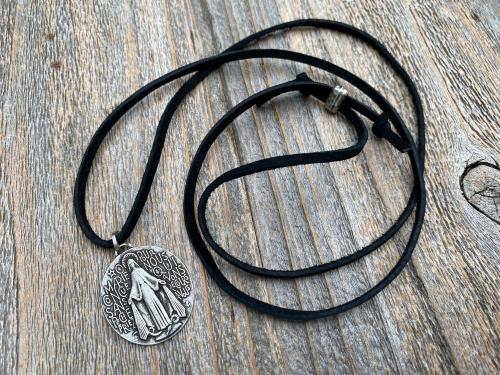 Antiqued Pewter Large French Miraculous Medal, Antique Replica, Pendant Necklace, By artists PCH & JB, Miraculous Medallion from France MM1