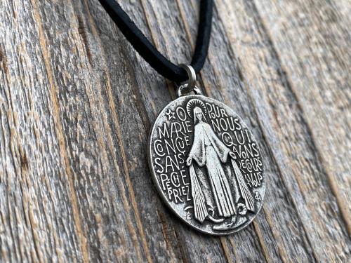 Antiqued Pewter Large French Miraculous Medal, Antique Replica, Pendant Necklace, By artists PCH & JB, Miraculous Medallion from France MM1