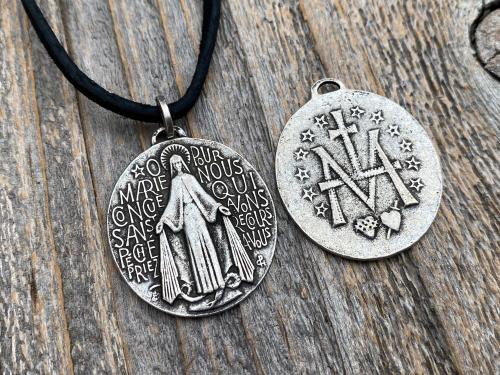 Antiqued Pewter Large French Miraculous Medal, Antique Replica, Pendant Necklace, By artists PCH & JB, Miraculous Medallion from France MM1