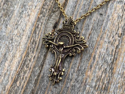 Antiqued Gold Artisan Crucifix, Antique Replica, Pendant on Necklace, Large and Elegant Radiant Crucifix, Bail on Backside, Jesus on Cross