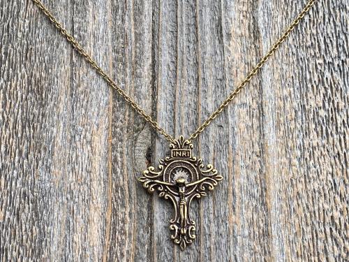 Antiqued Gold Artisan Crucifix, Antique Replica, Pendant on Necklace, Large and Elegant Radiant Crucifix, Bail on Backside, Jesus on Cross