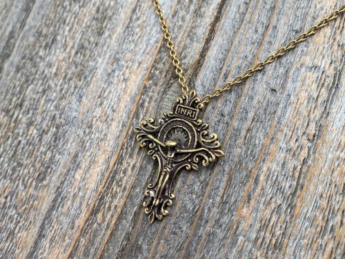 Antiqued Gold Artisan Crucifix, Antique Replica, Pendant on Necklace, Large and Elegant Radiant Crucifix, Bail on Backside, Jesus on Cross