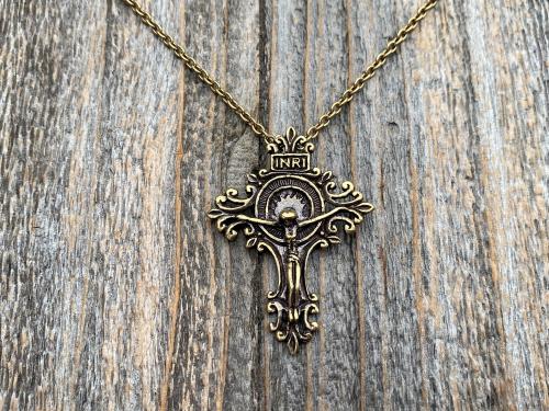 Antiqued Gold Artisan Crucifix, Antique Replica, Pendant on Necklace, Large and Elegant Radiant Crucifix, Bail on Backside, Jesus on Cross