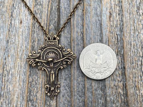 Bronze Artisan Crucifix, Antique Replica, Crucifix Pendant Necklace, Large and Elegant Bronze Crucifix, Bail on Backside, Radiant Crucifix