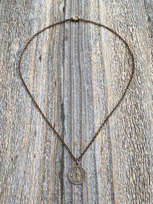 Bronze Small French St Benedict Medal Pendant and Necklace, Antique Replica, Crux Sancti Patris Benedicti, Holy Father Saint Benedict Charm