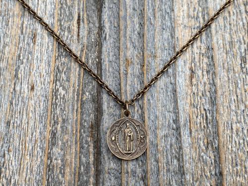 Bronze Small French St Benedict Medal Pendant and Necklace, Antique Replica, Crux Sancti Patris Benedicti, Holy Father Saint Benedict Charm