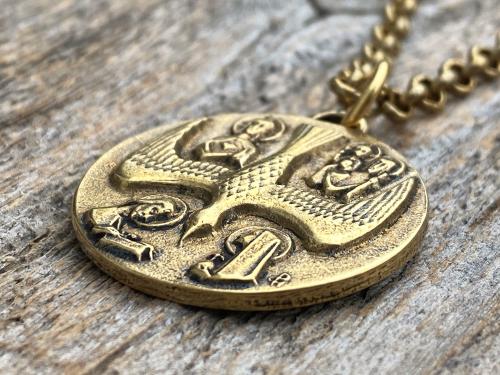 Large Antiqued Gold 5 Way Medal Pendant and Necklace, Antique Replica of Rare Big 4 Way Medallion from France by JB and PCH, Descending Dove