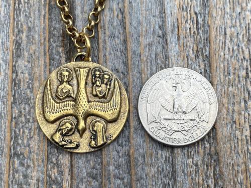 Large Antiqued Gold 5 Way Medal Pendant and Necklace, Antique Replica of Rare Big 4 Way Medallion from France by JB and PCH, Descending Dove