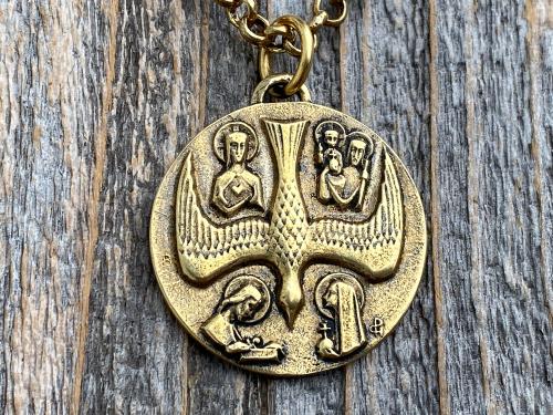 Large Antiqued Gold 5 Way Medal Pendant and Necklace, Antique Replica of Rare Big 4 Way Medallion from France by JB and PCH, Descending Dove