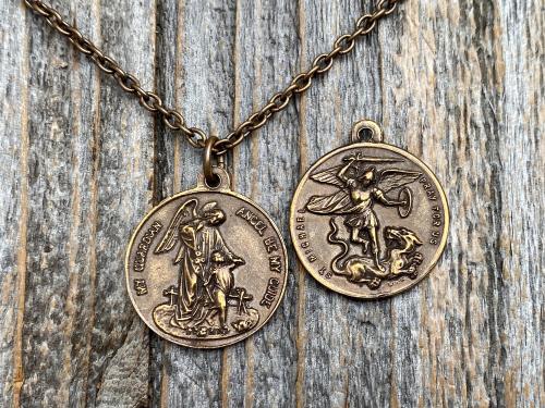 Bronze Saint Michael the Archangel and Guardian Angel Medal Pendant on Necklace, Antique Replica, Rare Two-Sided Angel Medallion Charm M3