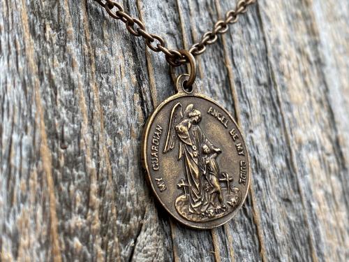 Bronze Saint Michael the Archangel and Guardian Angel Medal Pendant on Necklace, Antique Replica, Rare Two-Sided Angel Medallion Charm M3