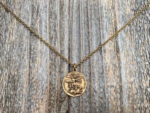 Antiqued Gold St Michael the Archangel Medal Pendant on Necklace, Antique Replica Two-Sided Protection Medallion against Satan Devil Evil M3