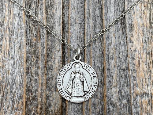 Silver The Infant Jesus of Prague Medal Pendant on Necklace, Antique Replica Signed by Charl, Saint Enfant Jesus De Prague, French Medallion