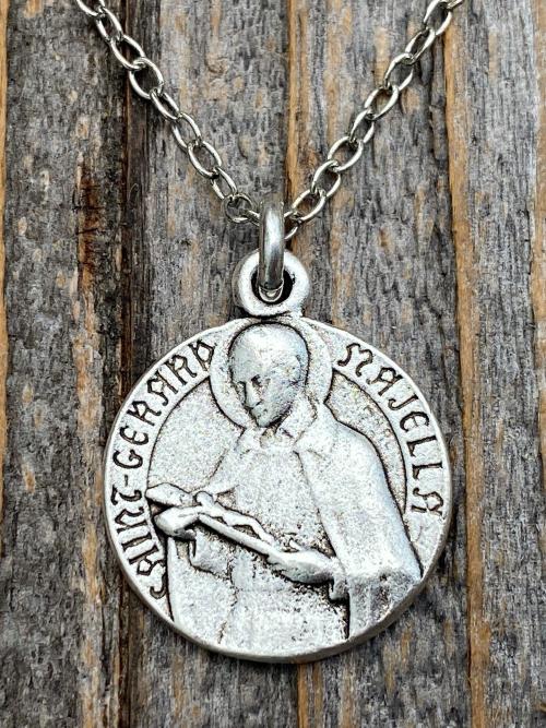 Silver St Gerard Majella Medal Pendant on Necklace, By French Artist Charl, Antique Replica Medallion, Saint of Expectant Mothers Fertility