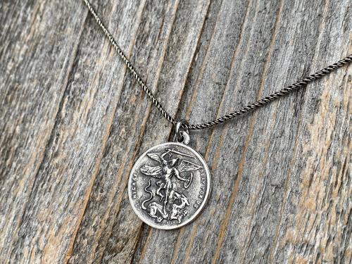 Sterling Silver St Michael the Archangel & GuardianAngel Medal Pendant on Necklace, Antique Replica Rare Two-Sided Protection Medallion, M3