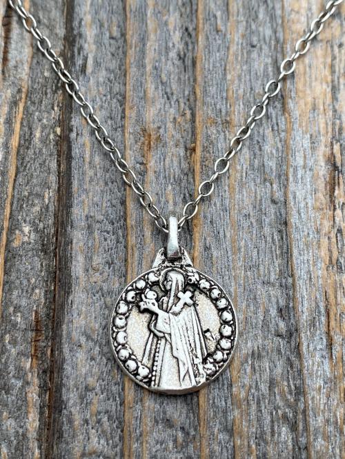 Small Silver St Thérèse of Lisieux Medal Pendant on Necklace, Antique Replica of Rare St Theresa of the Child Jesus Medallion by Artist PY