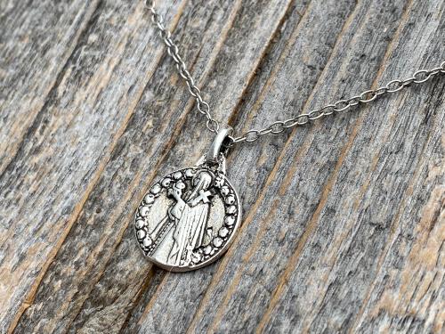 Small Silver St Thérèse of Lisieux Medal Pendant on Necklace, Antique Replica of Rare St Theresa of the Child Jesus Medallion by Artist PY