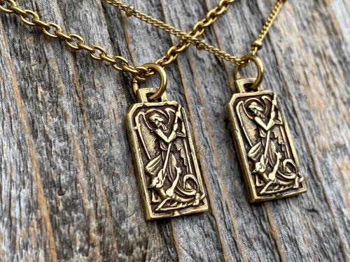 Antiqued Gold Saint Michael Medal Pendant on Necklace, French Antique Replica Medallion, Art Deco Rectangular St Michael the Archangel By PY