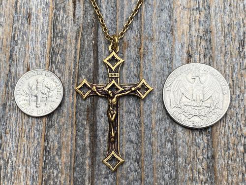 Antiqued Gold Baroque Crucifix, Antique Replica, From Rome Holy See, Pendant on Necklace, Large Crucifix Cross with Open Quattrefoil Ends