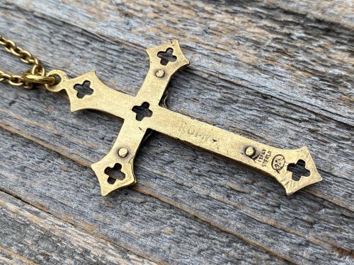 Antiqued Gold Baroque Crucifix, Antique Replica, From Rome Holy See, Pendant on Necklace, Large Crucifix Cross with Open Quattrefoil Ends