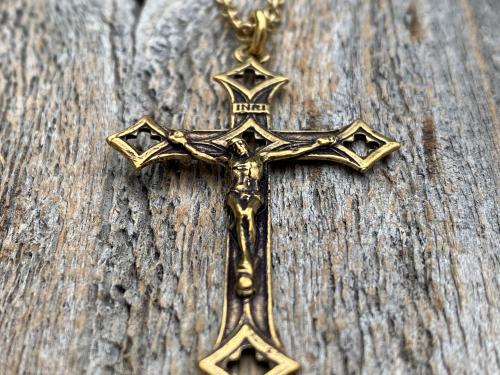 Antiqued Gold Baroque Crucifix, Antique Replica, From Rome Holy See, Pendant on Necklace, Large Crucifix Cross with Open Quattrefoil Ends