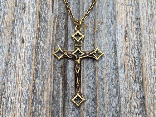 Antiqued Gold Baroque Crucifix, Antique Replica, From Rome Holy See, Pendant on Necklace, Large Crucifix Cross with Open Quattrefoil Ends