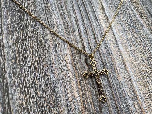 Antiqued Gold Baroque Crucifix, Antique Replica, From Rome Holy See, Pendant on Necklace, Large Crucifix Cross with Open Quattrefoil Ends