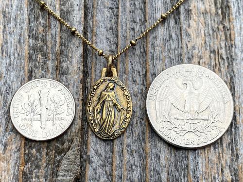 Antiqued Gold Miraculous Medal Pendant on Satellite Chain Necklace, French Antique Replica Medallion, Signed by French Artist Ferdinand PY