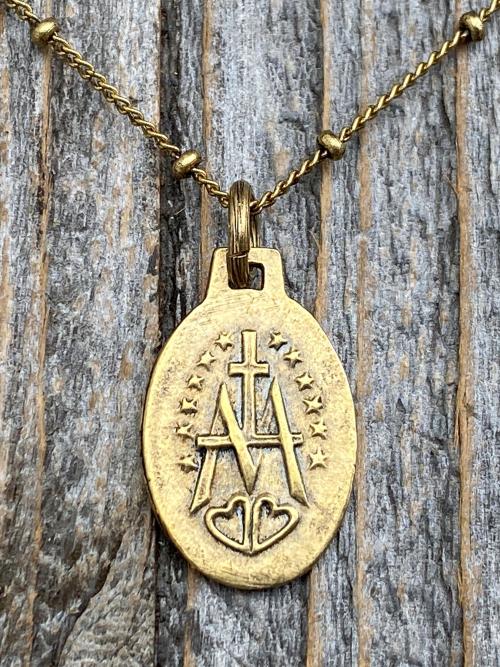 Antiqued Gold Miraculous Medal Pendant on Satellite Chain Necklace, French Antique Replica Medallion, Signed by French Artist Ferdinand PY