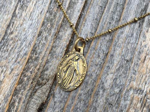 Antiqued Gold Miraculous Medal Pendant on Satellite Chain Necklace, French Antique Replica Medallion, Signed by French Artist Ferdinand PY