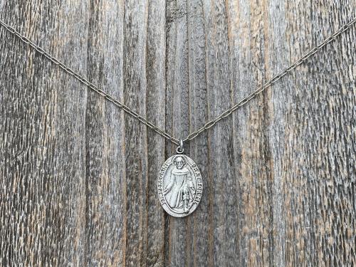 Silver St Peregrine Laziosi Medal Pendant on Paperclip Necklace, Antique Replica, Saint of Cancer, Saint Peregrinus Pellegrino, Pray for Me