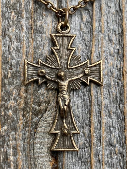 Bronze Radiant Art Deco Crucifix Pendant, Antique Replica, Crucified Christ on Chain Necklace, Large Bronze Crucifix, Unisex Crucifix Cross