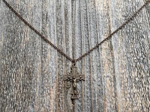 Bronze Radiant Art Deco Crucifix Pendant, Antique Replica, Crucified Christ on Chain Necklace, Large Bronze Crucifix, Unisex Crucifix Cross