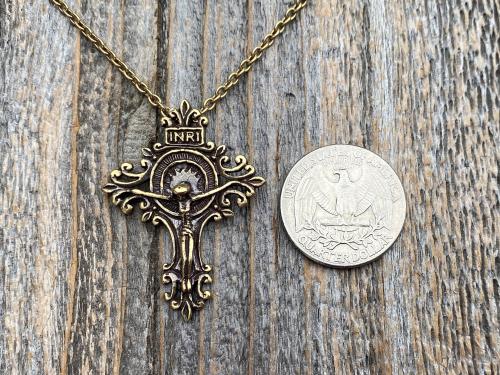 Antiqued Gold Artisan Crucifix, Antique Replica, Pendant on Necklace, Large and Elegant Radiant Crucifix, Bail on Backside, Jesus on Cross