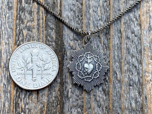 Petite French Sterling Silver Sacred Heart of Jesus Medal Pendant on Necklace, Antique Replica, Basilica of the Sacred Heart Paray-le-Monial