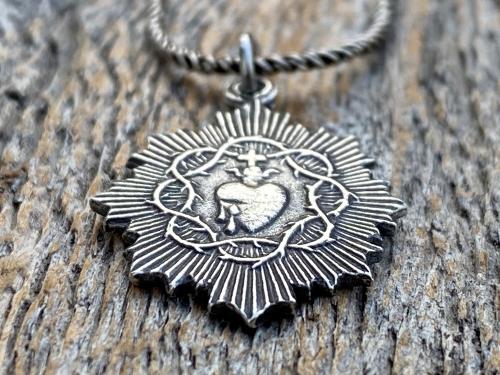 Petite French Sterling Silver Sacred Heart of Jesus Medal Pendant on Necklace, Antique Replica, Basilica of the Sacred Heart Paray-le-Monial